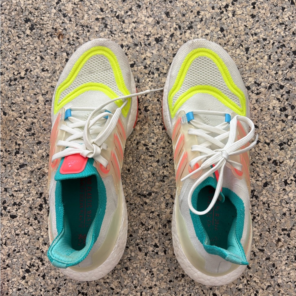 adidas Ultraboost White and Neon Yellow Athletic Shoes
